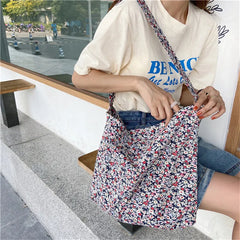 Floral Large Crossbody Bag for Women Eco Reusable Cotton Grocery Shoulder Bag