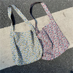 Floral Large Crossbody Bag for Women Eco Reusable Cotton Grocery Shoulder Bag