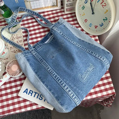 Harajuku Big Denim Shoulder Bag Women Tote Bag Letter Embroidery Jeans Bag