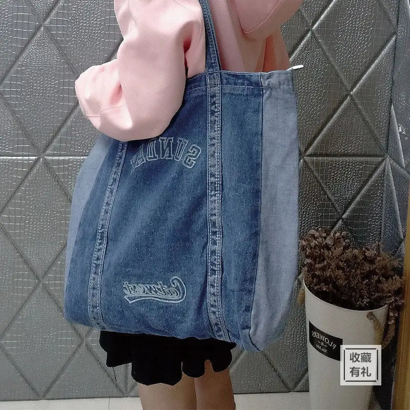 Harajuku Big Denim Shoulder Bag Women Tote Bag Letter Embroidery Jeans Bag