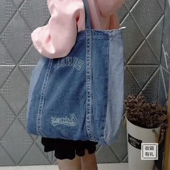 Harajuku Big Denim Shoulder Bag Women Tote Bag Letter Embroidery Jeans Bag