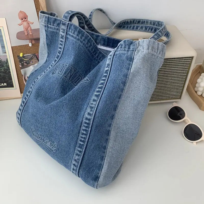 Harajuku Big Denim Shoulder Bag Women Tote Bag Letter Embroidery Jeans Bag