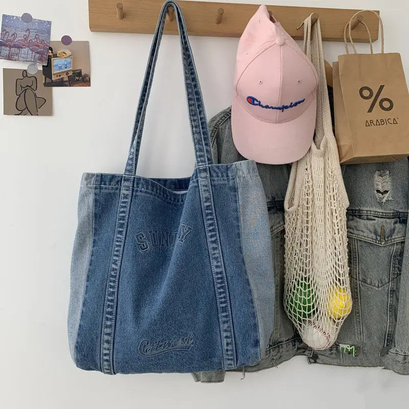 Harajuku Big Denim Shoulder Bag Women Tote Bag Letter Embroidery Jeans Bag
