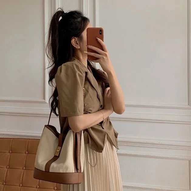 Canvas Bucket Shoulder Bag Large Capacity Crossbody Bag