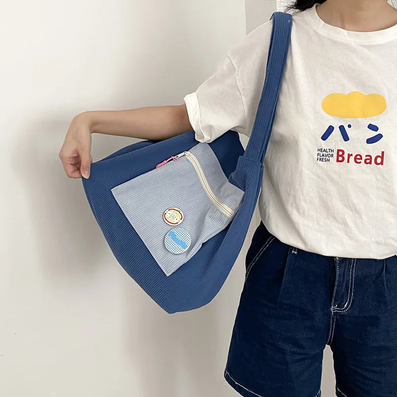 Corduroy Shoulder Bag Women Handbags Cotton Shopping Tote Large Student Book Bag