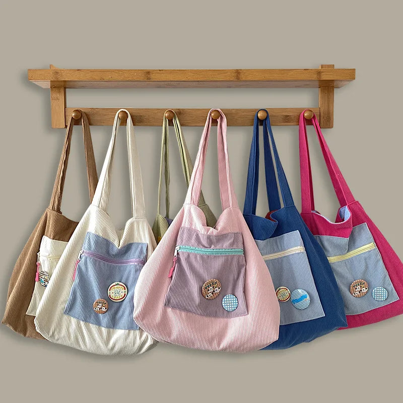 Corduroy Shoulder Bag Women Handbags Cotton Shopping Tote Large Student Book Bag