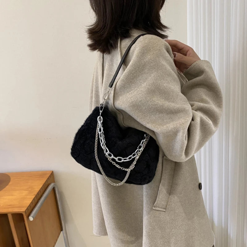 Fluffy Fur Crossbody Bag Winter Chain Tote for Women