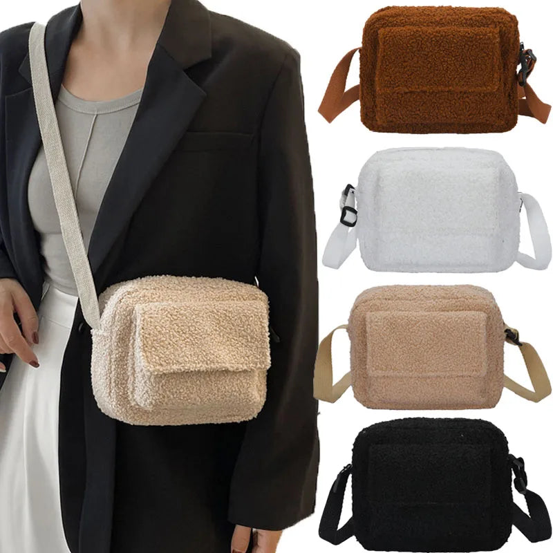 Plush Lambs Wool Crossbody Bag Fluffy Fur Zipper Purse