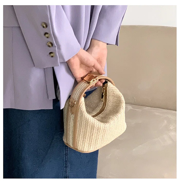 Straw Handbag Women Shoulder Bags Woven Beach Tote Casual Beige