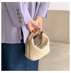 Straw Handbag Women Shoulder Bags Woven Beach Tote Casual Beige
