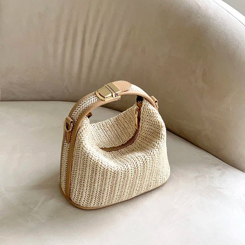 Straw Handbag Women Shoulder Bags Woven Beach Tote Casual Beige
