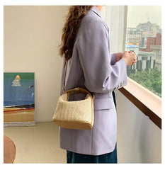 Straw Handbag Women Shoulder Bags Woven Beach Tote Casual Beige