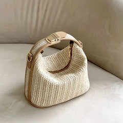 Straw Handbag Women Shoulder Bags Woven Beach Tote Casual Beige