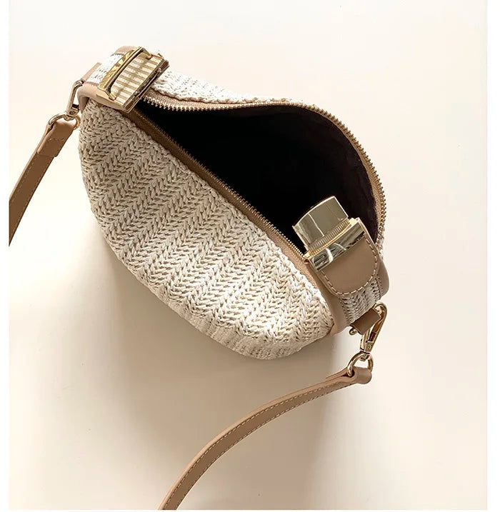 Straw Handbag Women Shoulder Bags Woven Beach Tote Casual Beige