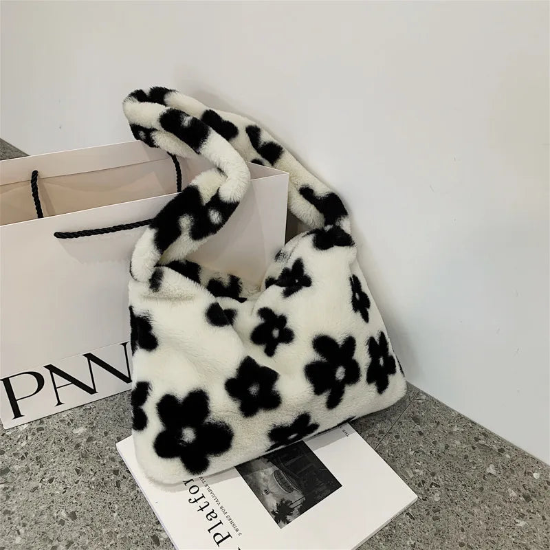 Floral Fluffy Tote Bag Women Fuzzy Shoulder Bag Daisy Flower Handbag