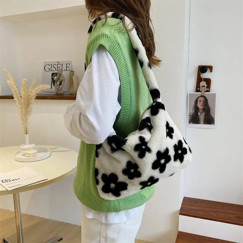 Floral Fluffy Tote Bag Women Fuzzy Shoulder Bag Daisy Flower Handbag