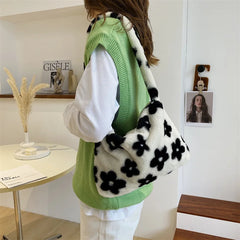 Floral Fluffy Tote Bag Women Fuzzy Shoulder Bag Daisy Flower Handbag