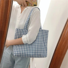 Plaid Shoulder Bag Cotton Fabric Women Tote Handbag