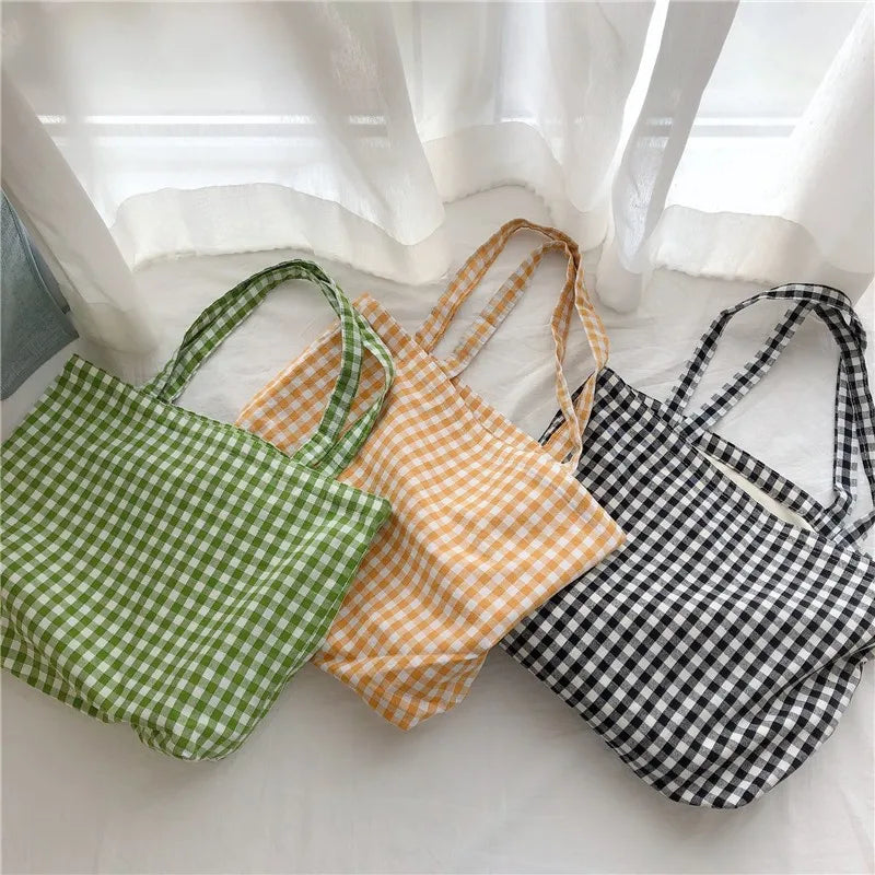 Plaid Shoulder Bag Cotton Fabric Women Tote Handbag