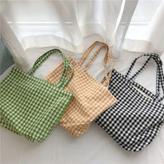 Plaid Shoulder Bag Cotton Fabric Women Tote Handbag
