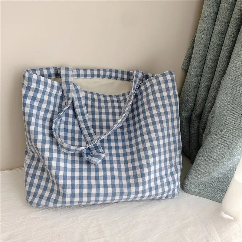 Plaid Shoulder Bag Cotton Fabric Women Tote Handbag