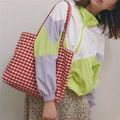 Plaid Shoulder Bag Cotton Fabric Women Tote Handbag