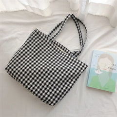 Plaid Shoulder Bag Cotton Fabric Women Tote Handbag