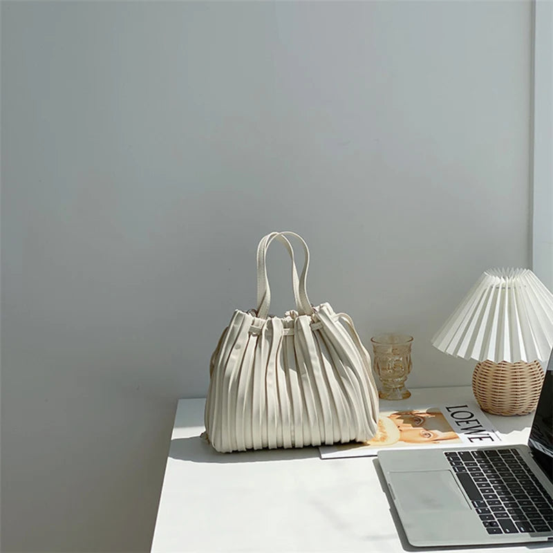 PU Leather Striped Shoulder Bag Tie Closure Top-Handle Casual Female Bag