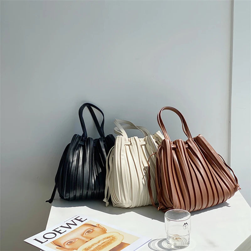 PU Leather Striped Shoulder Bag Tie Closure Top-Handle Casual Female Bag