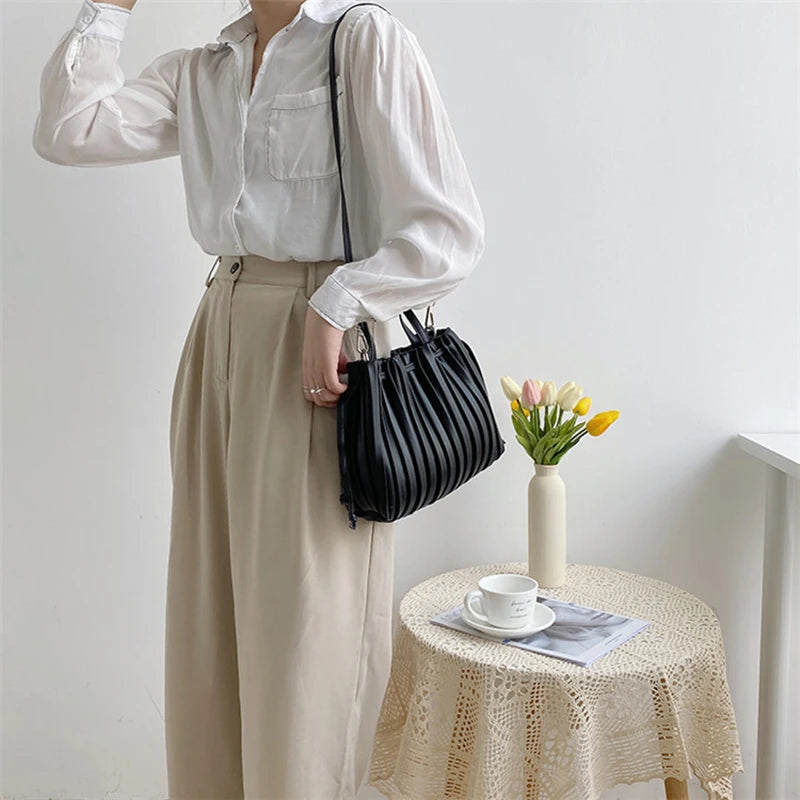 PU Leather Striped Shoulder Bag Tie Closure Top-Handle Casual Female Bag