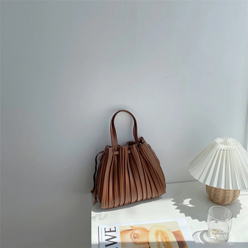 PU Leather Striped Shoulder Bag Tie Closure Top-Handle Casual Female Bag
