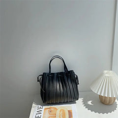 PU Leather Striped Shoulder Bag Tie Closure Top-Handle Casual Female Bag