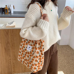 Retro Floral Print Corduroy Shoulder Bag Young Girls Casual Handbag