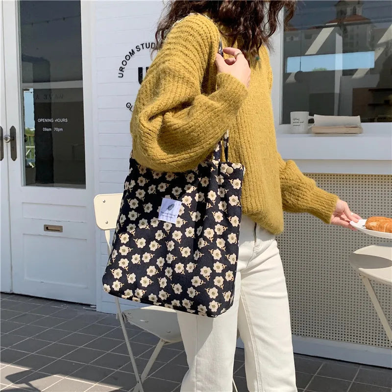 Retro Floral Print Corduroy Shoulder Bag Young Girls Casual Handbag