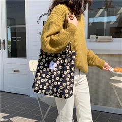 Retro Floral Print Corduroy Shoulder Bag Young Girls Casual Handbag