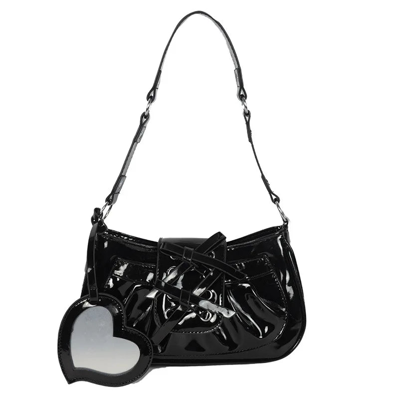 Ins Style Patent Leather Underarm Bag with Bow Mirror