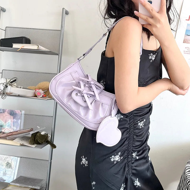 Ins Style Patent Leather Underarm Bag with Bow Mirror