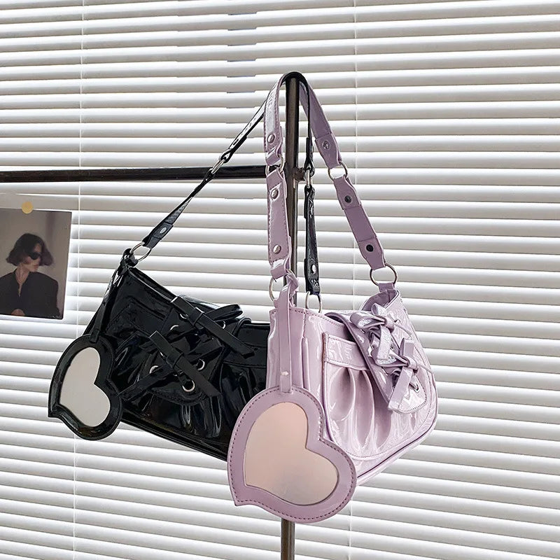 Ins Style Patent Leather Underarm Bag with Bow Mirror