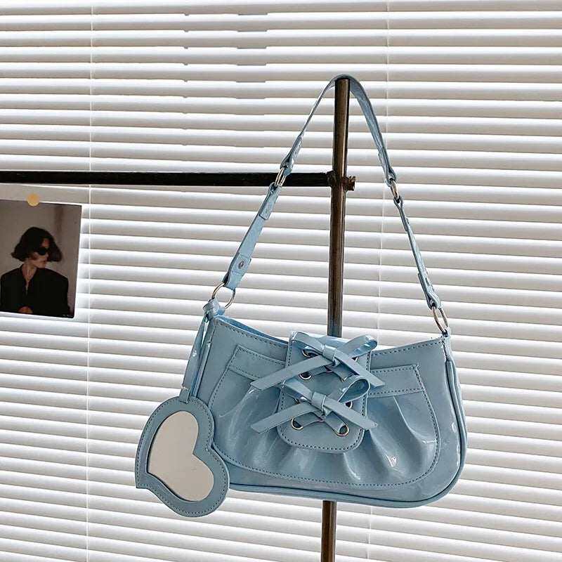 Ins Style Patent Leather Underarm Bag with Bow Mirror
