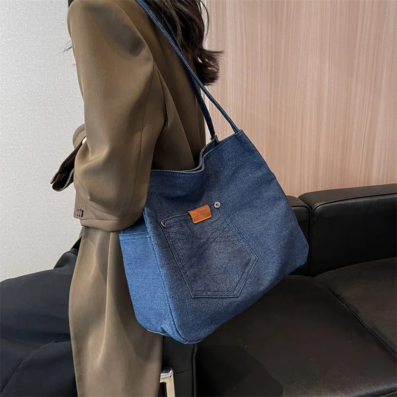 Denim Women Tote Bag Cotton Cloth Shoulder Bags for Large Shoppers