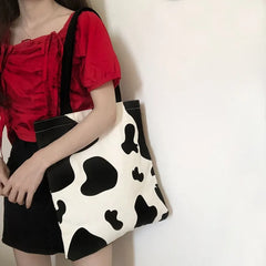 Canvas Shoulder Bag Lady Cow Pattern Harajuku Sweet Shopping Bag