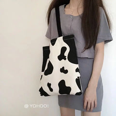 Canvas Shoulder Bag Lady Cow Pattern Harajuku Sweet Shopping Bag