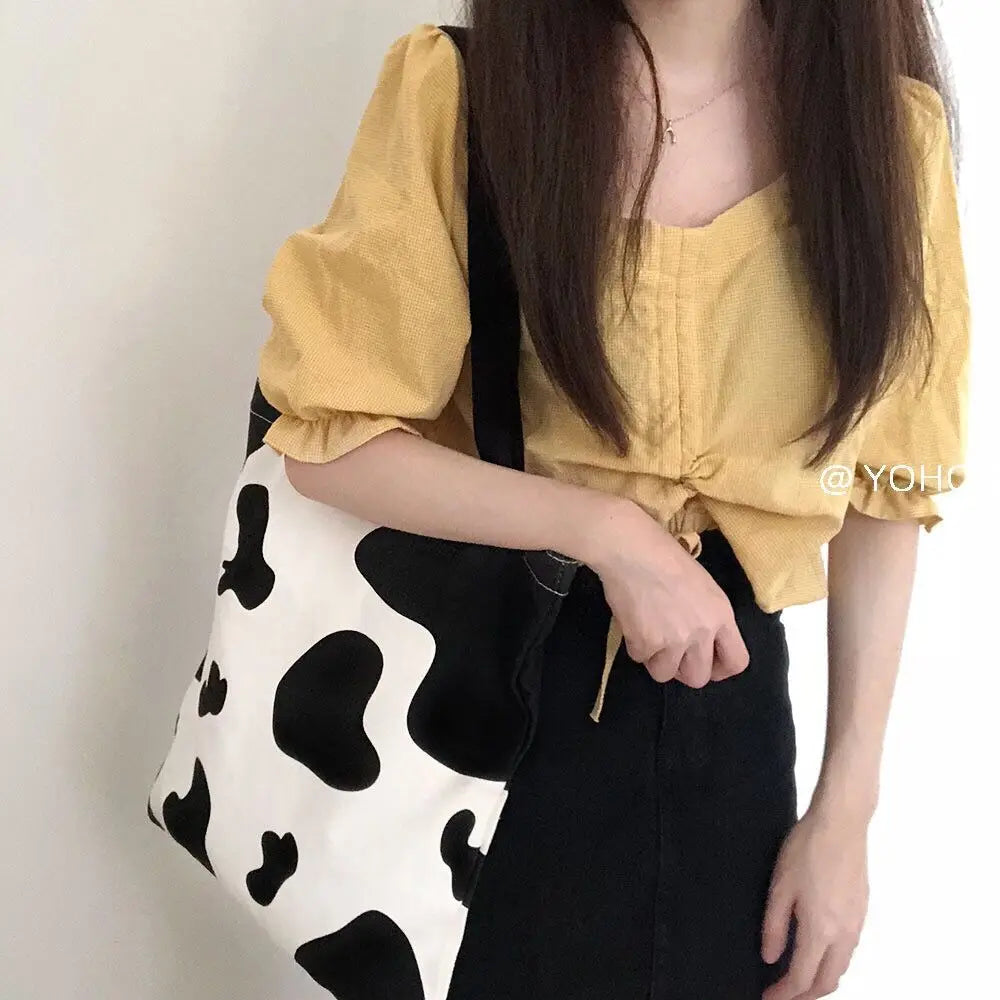 Canvas Shoulder Bag Lady Cow Pattern Harajuku Sweet Shopping Bag