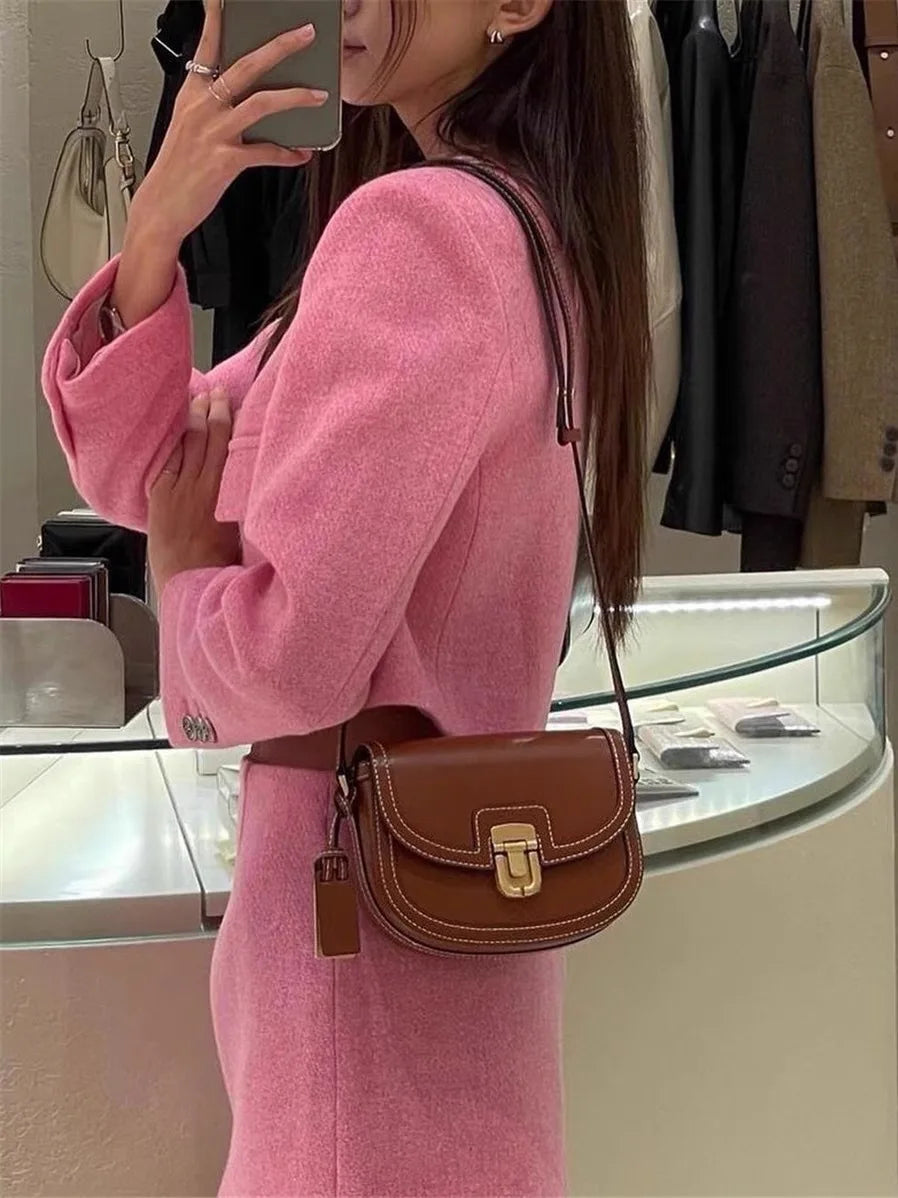 Leather Splicing Canvas Saddle Bag Small Square Bag
