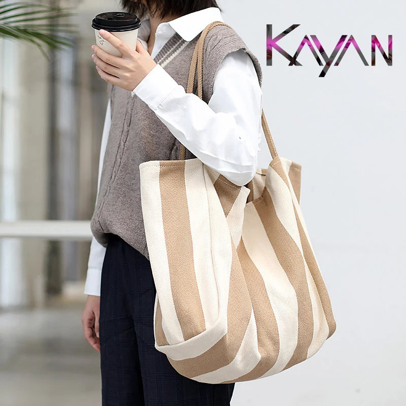Retro Stripe Canvas Shoulder Bag Large Capacity Casual Shopping Bag