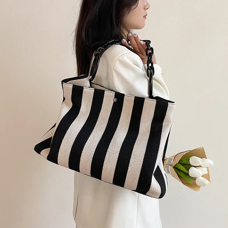 Stripes Women Handbag Large Capacity Thick Chain Shoulder Bags Canvas Big Totes