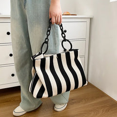 Stripes Women Handbag Large Capacity Thick Chain Shoulder Bags Canvas Big Totes
