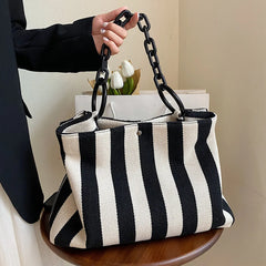 Stripes Women Handbag Large Capacity Thick Chain Shoulder Bags Canvas Big Totes