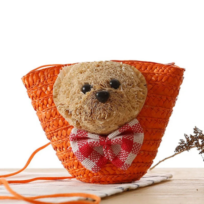 Little Bear Head Bow Knitting Bag Key Change Woven Messenger Beach Bag