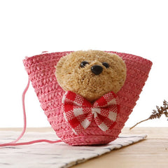 Little Bear Head Bow Knitting Bag Key Change Woven Messenger Beach Bag